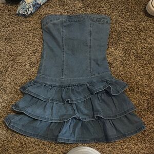 Denim Strapless Ruffle Dress